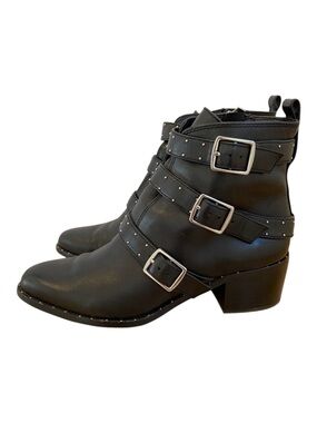 Lord & Taylor black leather ankle boots studded harness straps beaded 7.5